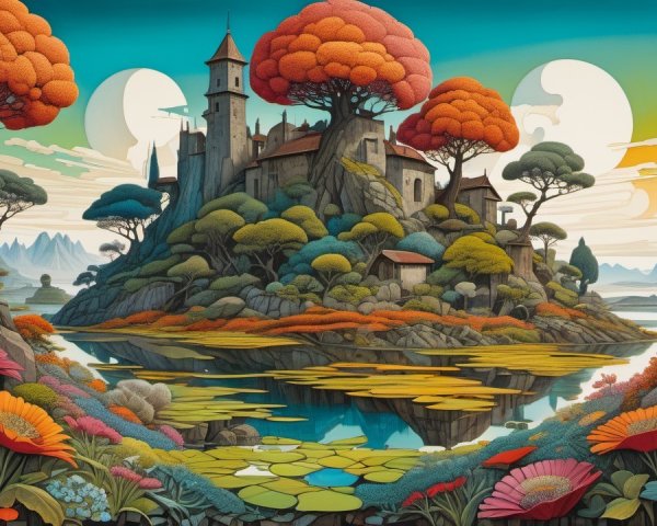 Vibrant Landscape with Whimsical Castle and Moons