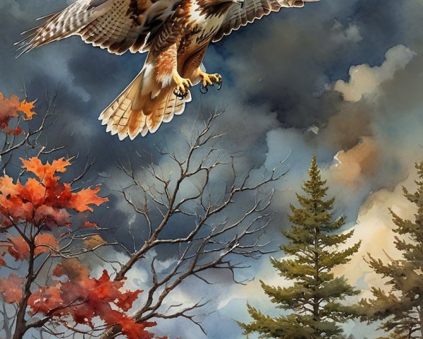 Hawk Soaring Over Autumn Foliage and Dramatic Sky