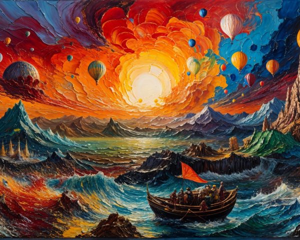 Surreal Landscape with Sunset and Hot Air Balloons