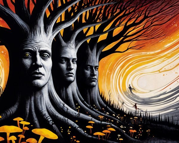 Stylized trees with human faces and vibrant mushrooms