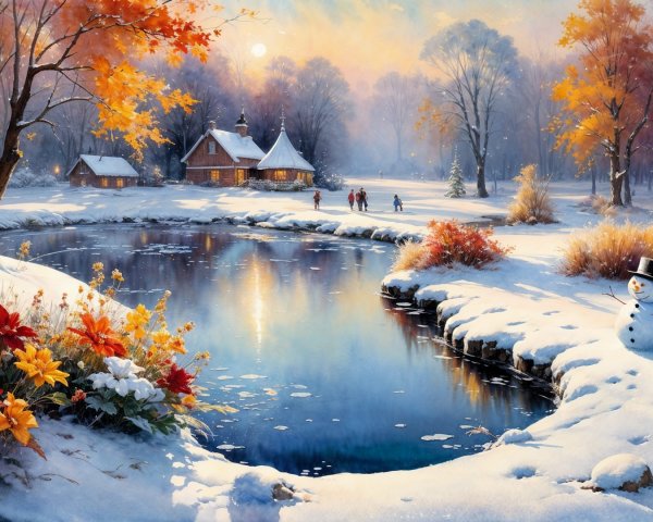 Winter Wonderland with Snow, Water, and Poinsettias