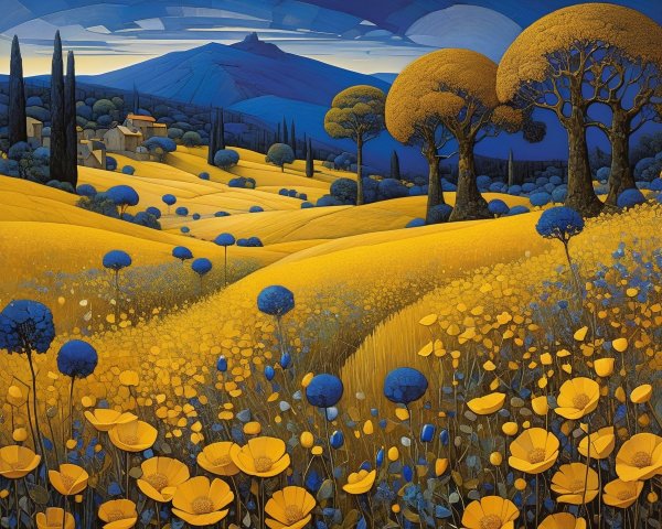Landscape Illustration of Yellow Hills and Blue Mountains