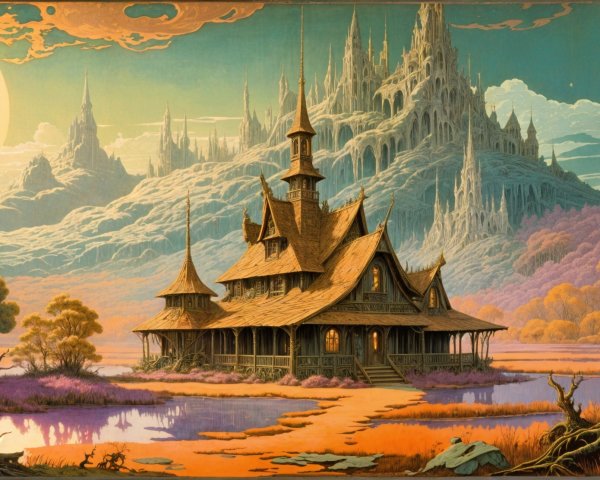 Whimsical Landscape with Cottage and Ethereal Mountains