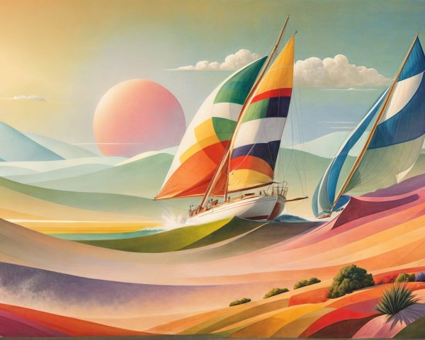 Vibrant seascape with sailboats and pastel hills