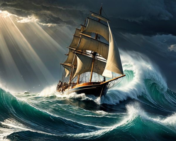 Tall Ship Navigating Turbulent Ocean Waves