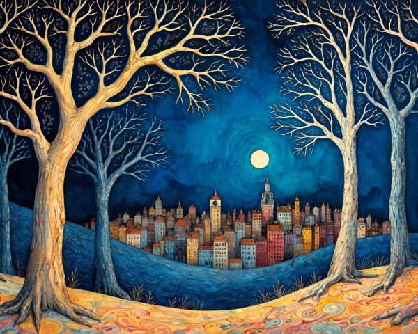 Whimsical Landscape with Twisting Trees and Moonlight