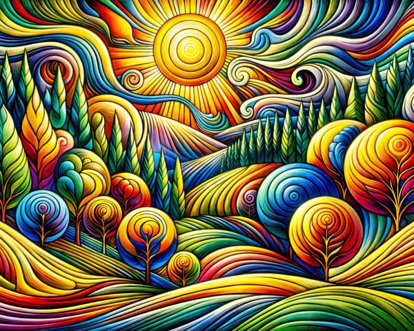 Vibrant Landscape with Swirling Colors and Shapes
