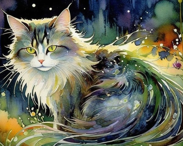 Whimsical Watercolor Painting of a Majestic Cat