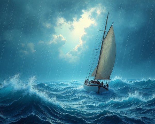 Sailboat Navigating Turbulent Seas Under Dramatic Sky