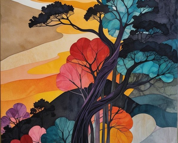 Vibrant Abstract Landscape with Stylized Trees
