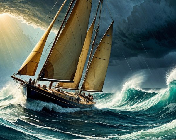 Majestic sailing ship navigating tumultuous ocean waves
