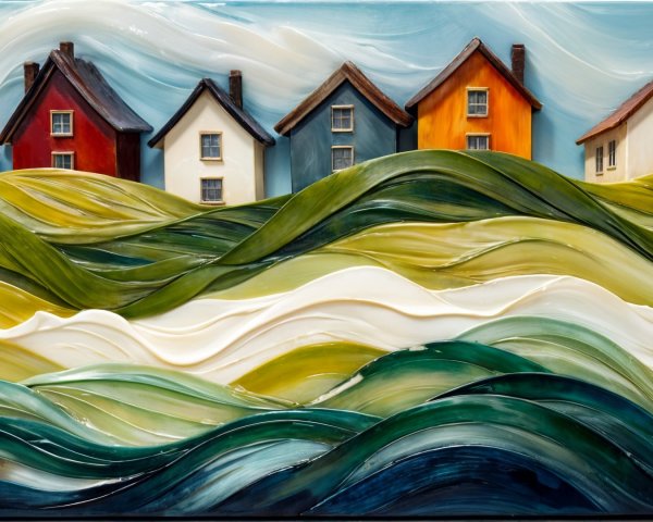 Vibrant Coastal Landscape with Textured Waves and Houses