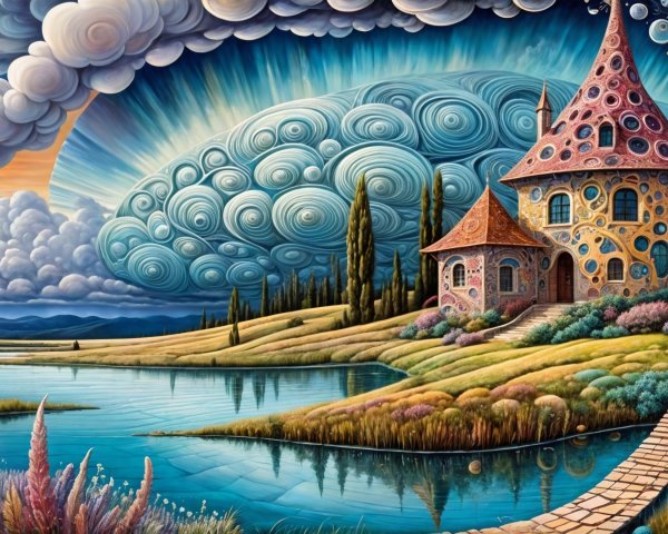 Whimsical Landscape with Colorful House and Lake
