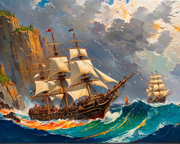 Tall Ship Navigating Turbulent Waves and Dramatic Sky