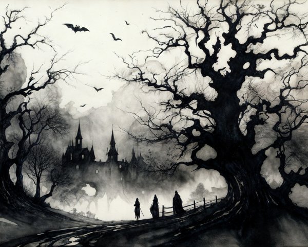 Monochromatic Landscape with Twisted Trees and Castle
