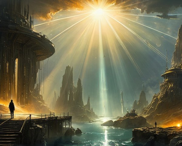 Futuristic landscape with illuminated structures and water