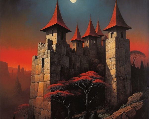 Mysterious Castle Landscape Under Full Moonlight