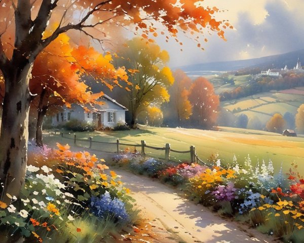 Autumn Landscape with House and Vibrant Trees