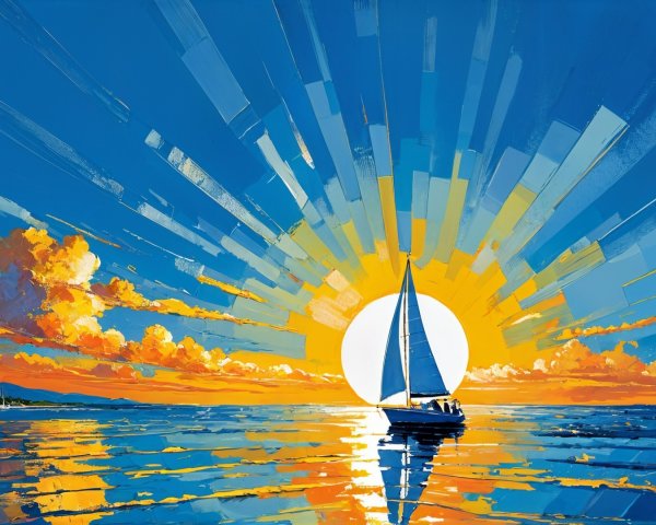 Vibrant Sunset Over Calm Sea with Sailboat Silhouette