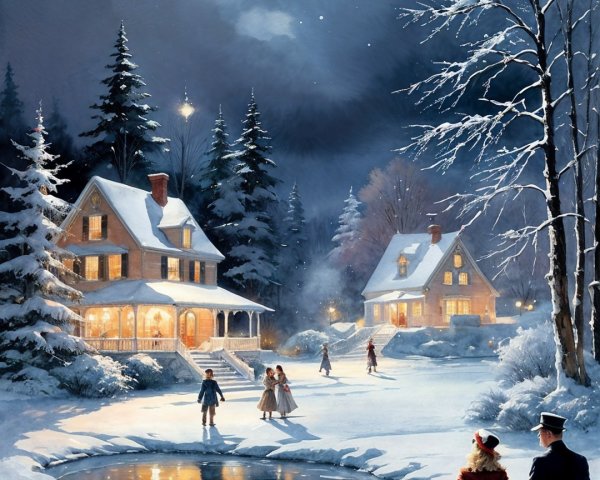 Cozy Winter Night with Skating Couples and Snowfall