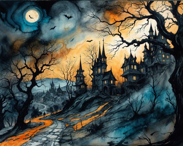 Haunting Landscape with Dark Castles and Misty Hills