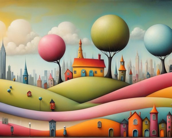 Whimsical Landscape with Colorful Trees and Houses