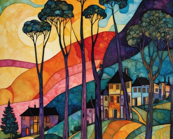 Vibrant Landscape with Winding Hills and Trees