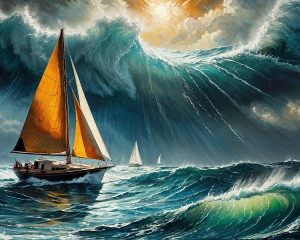 Dramatic Sailboat Scene on Turbulent Open Sea