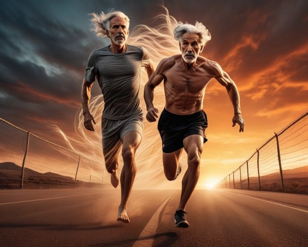 Elderly Men Running at Sunset on an Empty Road