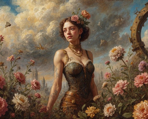 Young woman in steampunk outfit with floral backdrop