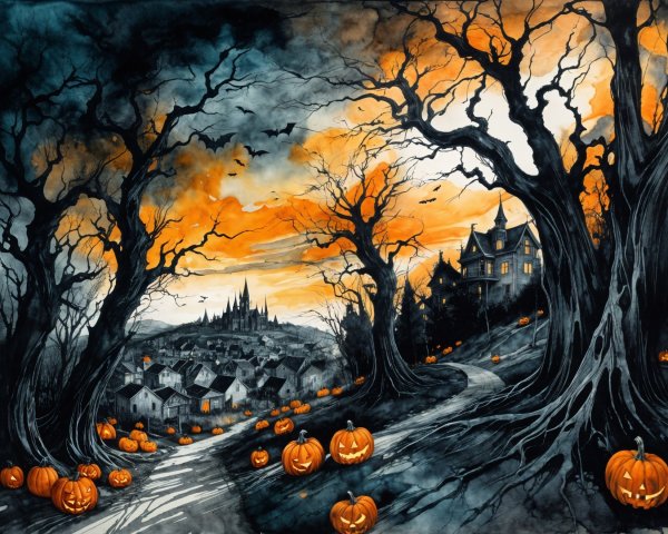 Spooky Autumn Landscape with Halloween Elements