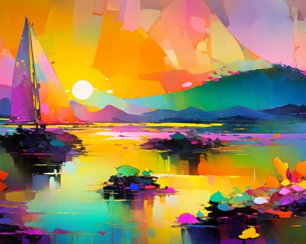 Colorful Sunset Reflections on Water with Sailboat