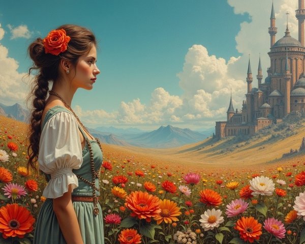 Young woman in floral landscape with distant castle