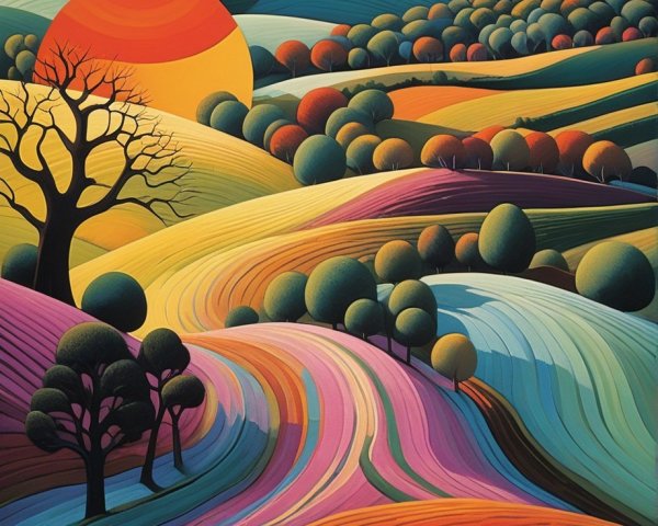 Vibrant Landscape with Colorful Hills and Sunset