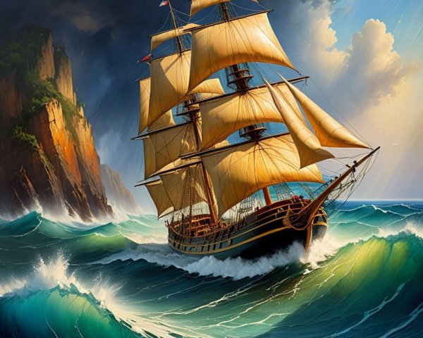 Majestic sailing ship navigating tumultuous ocean waves