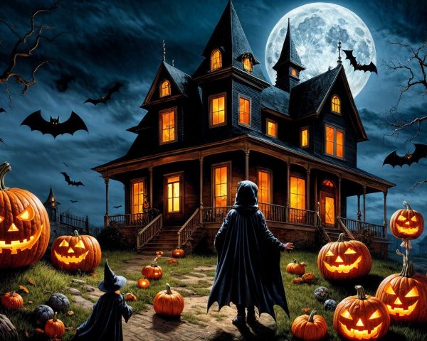 Eerie Halloween Mansion with Pumpkins and Bats