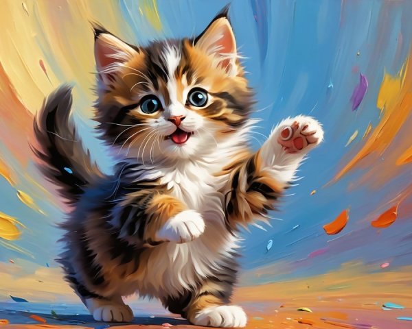 Playful kitten with colorful fur in vibrant setting
