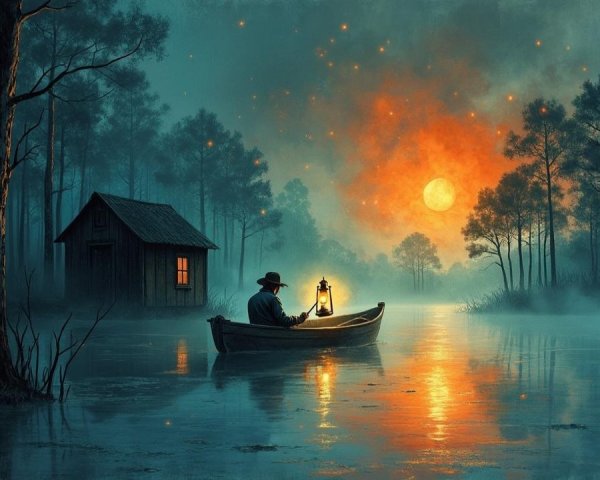 Serene Night Scene with Boat, Lantern, and Lake