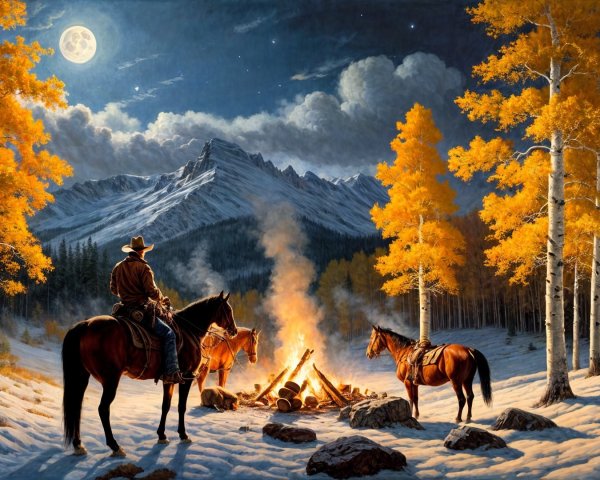 Cowboy by Campfire Under Full Moon and Autumn Trees