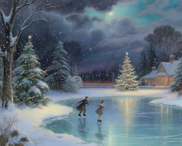 Serene Winter Night with Ice Skating Couple and Lights