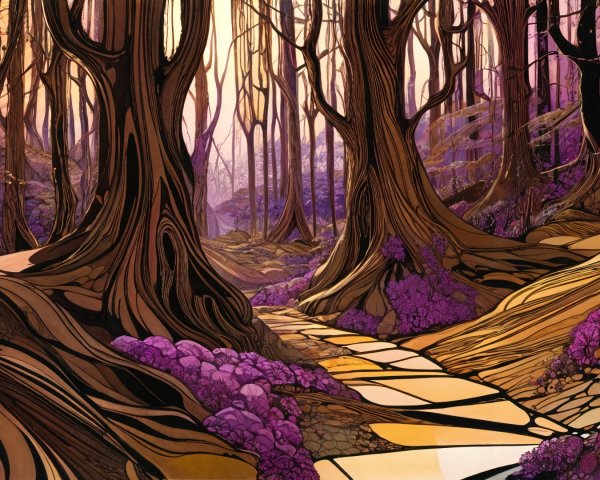 Surreal Forest Scene with Golden Light and Flowers