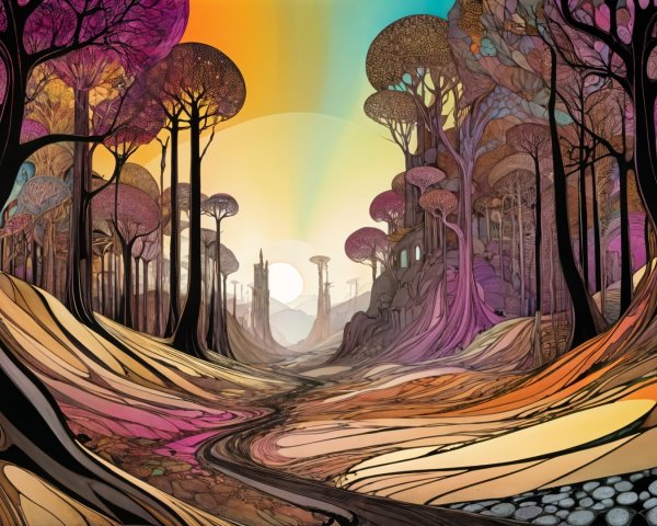 Vibrant landscape with purple trees and surreal sunset