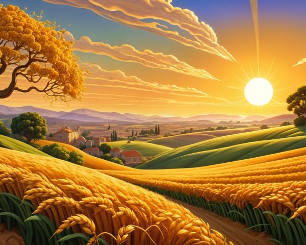 Golden Wheat Fields and Sunset Over a Village Landscape