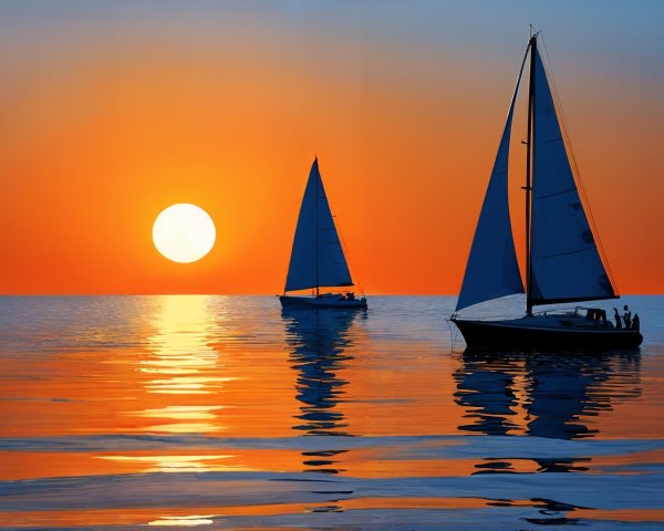 Sailboats on a Calm Sea at Sunset with Vibrant Sky