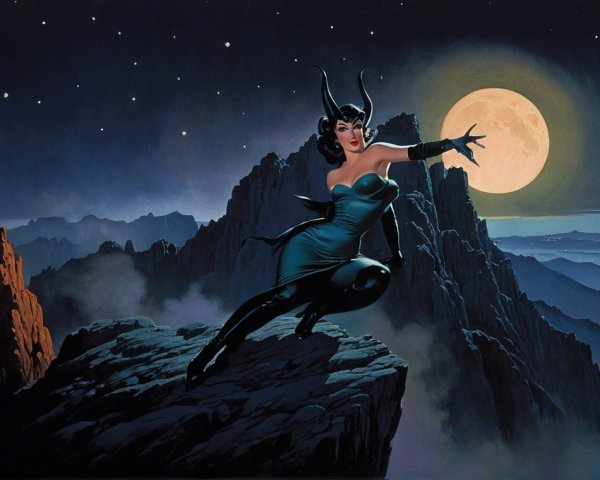 Mystical Figure on Rocky Peak Under Full Moonlight