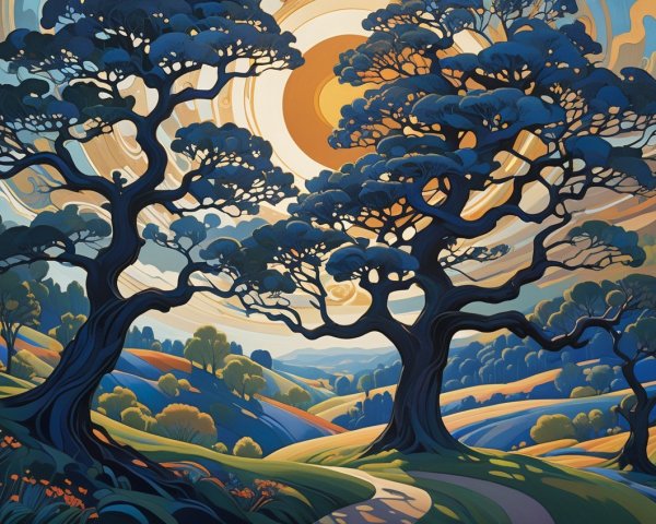 Stylized Trees Against a Vibrant Sunset Landscape