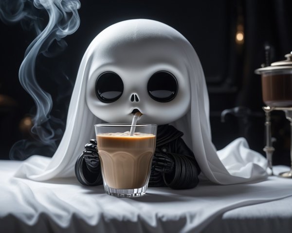 Whimsical Doll Figure in Cloak Sipping Coffee