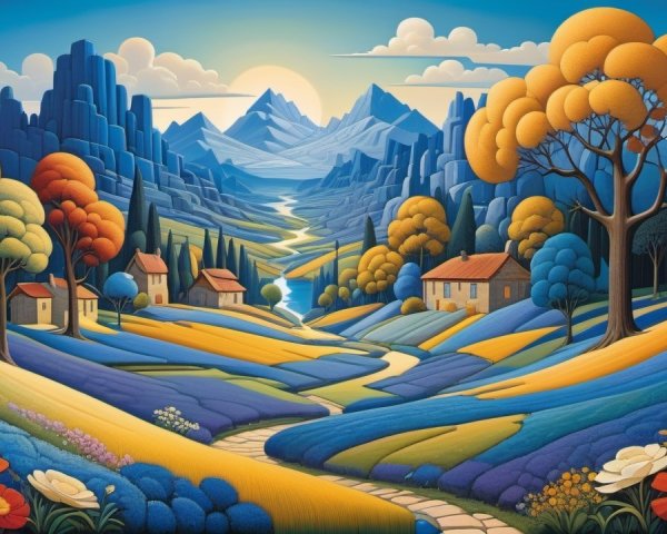 Vibrant Landscape with Rolling Hills and Colorful Fields