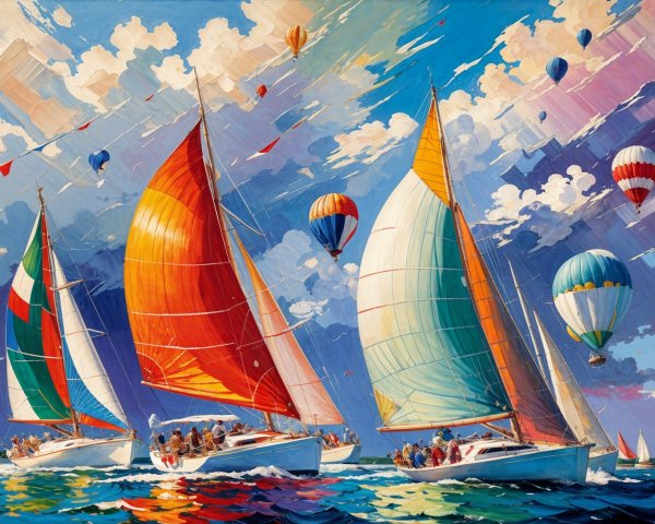 Colorful Sailboats and Hot Air Balloons on Blue Sky