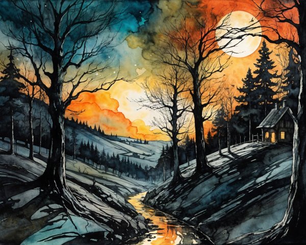 Moonlit Night Watercolor Landscape with Cabin and Stream